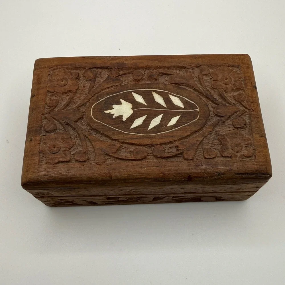 Vintage Hand Carved Wood Jewelry Box India Floral Inlay Small Trinket Keepsake